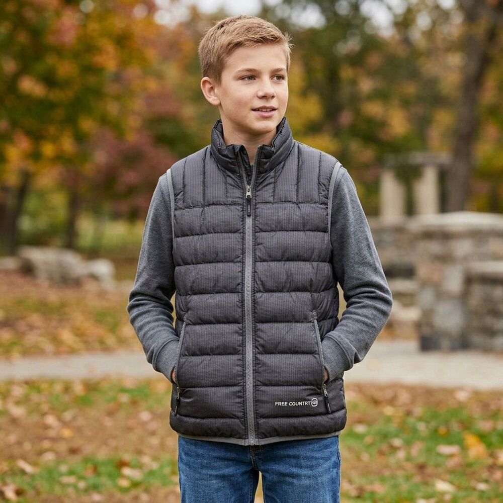 Free Country Youth Large 14/16 Puffer Vest Charcoal Black Sleeveless Zip Jacket
